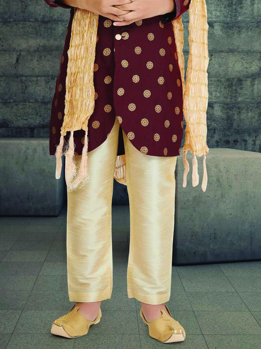 Maroon Cotton Printed Wedding Traditional Kurta Pyjama Boys Wear