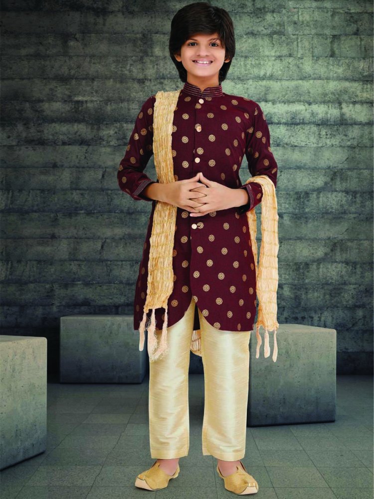 Maroon Cotton Printed Wedding Traditional Kurta Pyjama Boys Wear