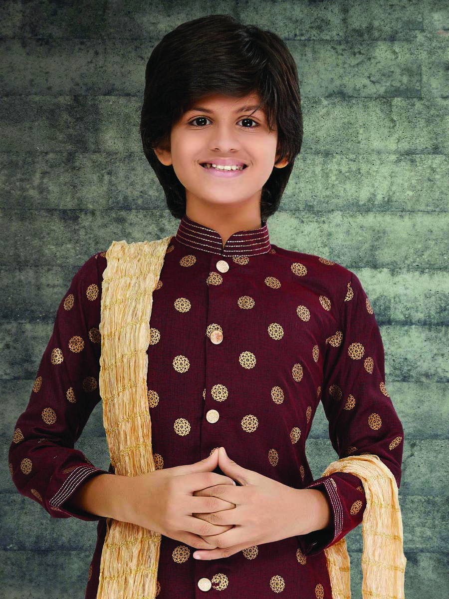 Maroon Cotton Printed Wedding Traditional Kurta Pyjama Boys Wear