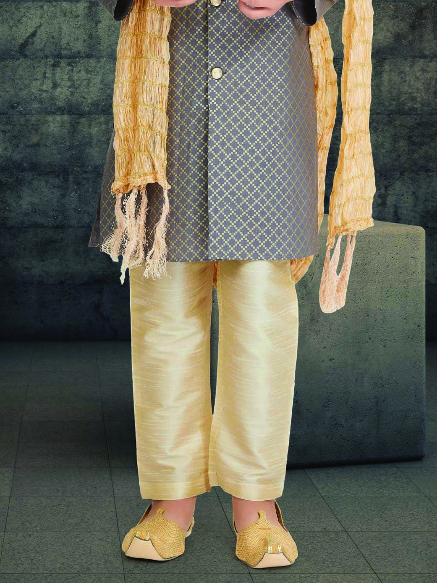 Grey Cotton Printed Wedding Traditional Kurta Pyjama Boys Wear