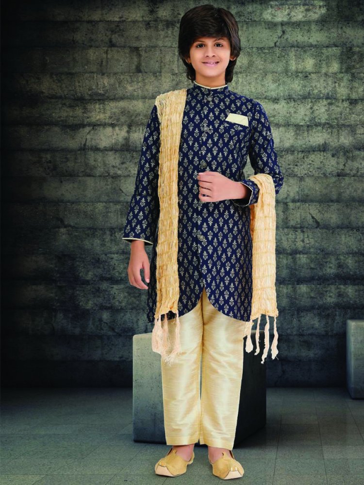 Navy Blue Cotton Printed Wedding Traditional Kurta Pyjama Boys Wear