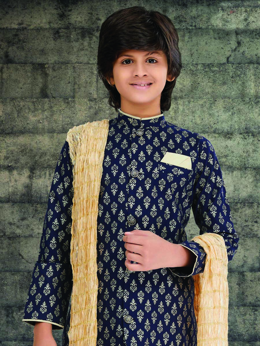 Navy Blue Cotton Printed Wedding Traditional Kurta Pyjama Boys Wear