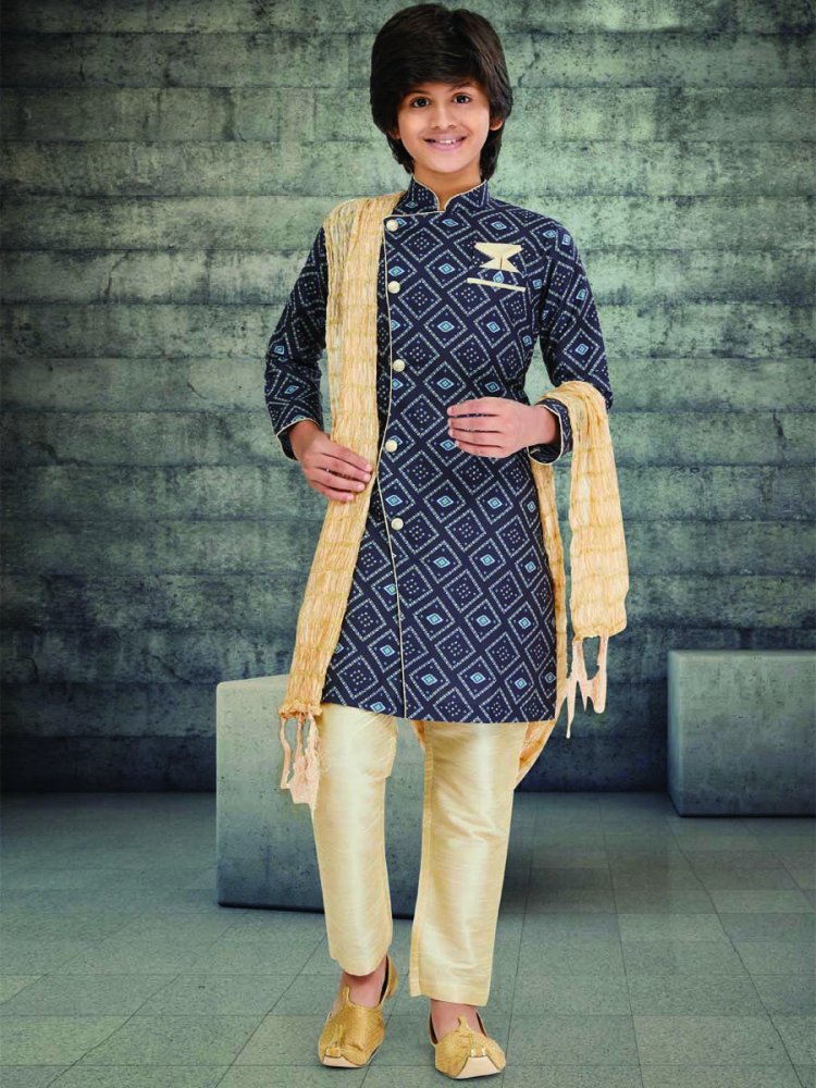 Navy Blue Cotton Printed Wedding Traditional Kurta Pyjama Boys Wear