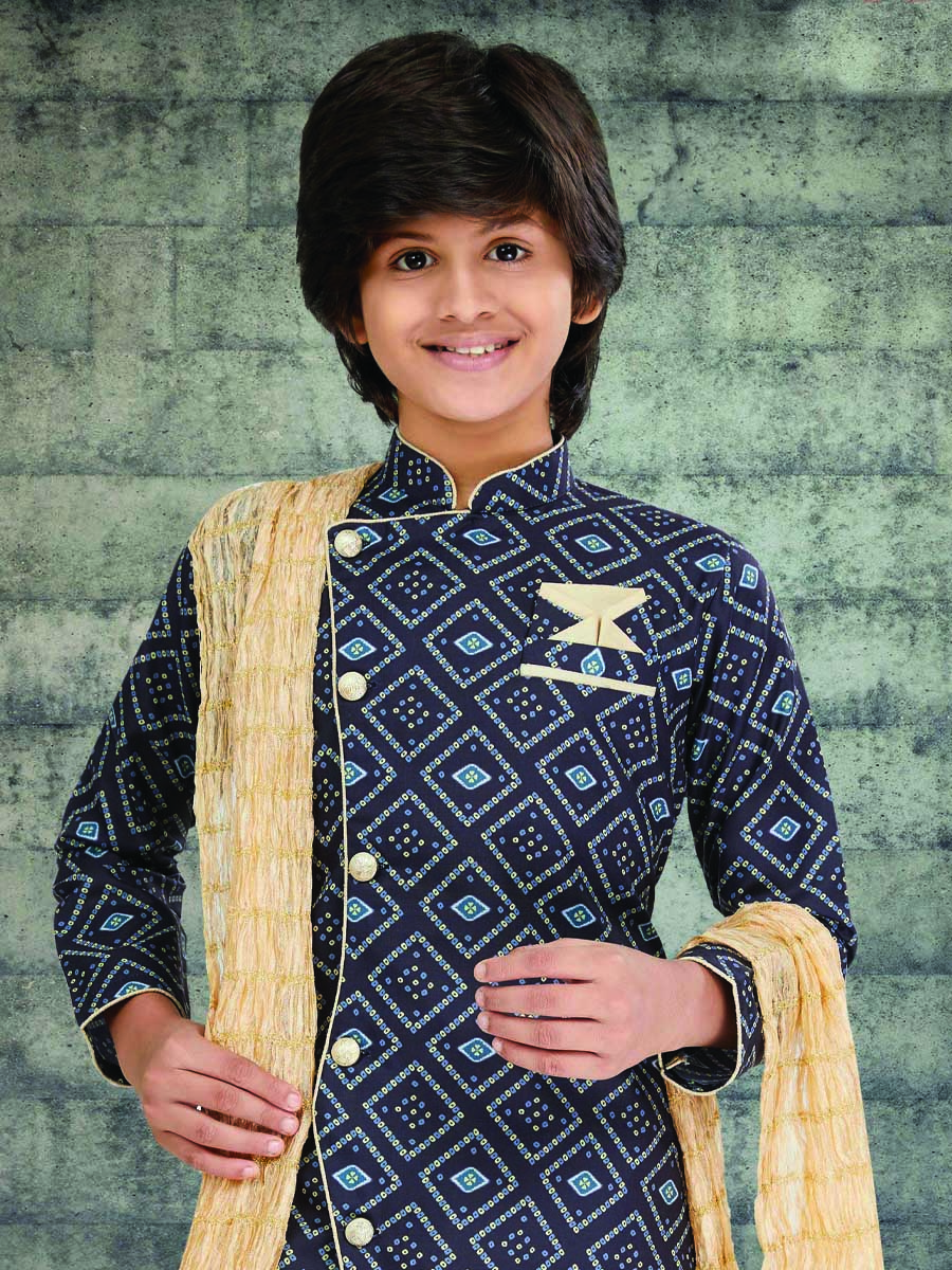 Navy Blue Cotton Printed Wedding Traditional Kurta Pyjama Boys Wear