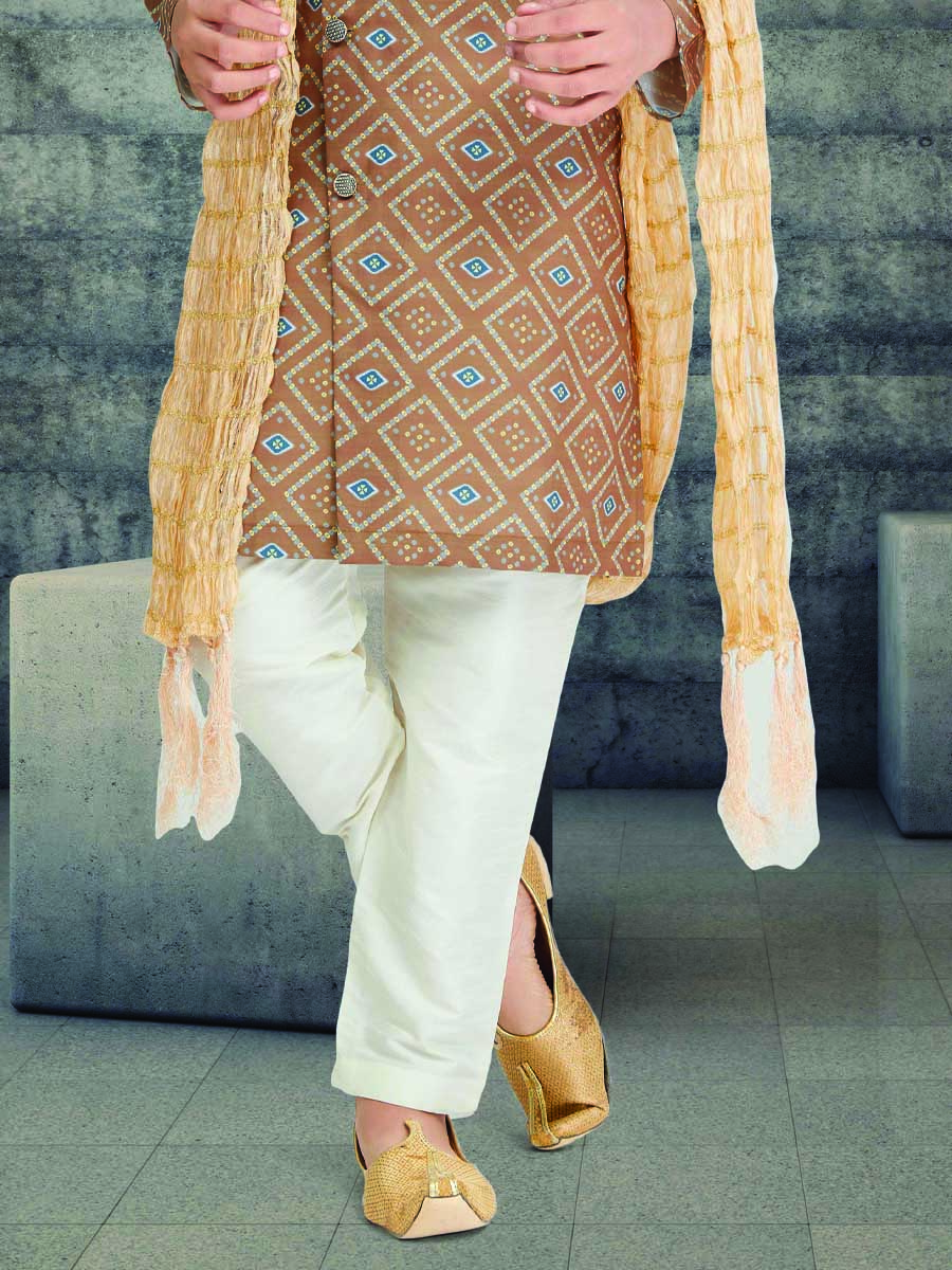 Light Brown Cotton Printed Wedding Traditional Kurta Pyjama Boys Wear