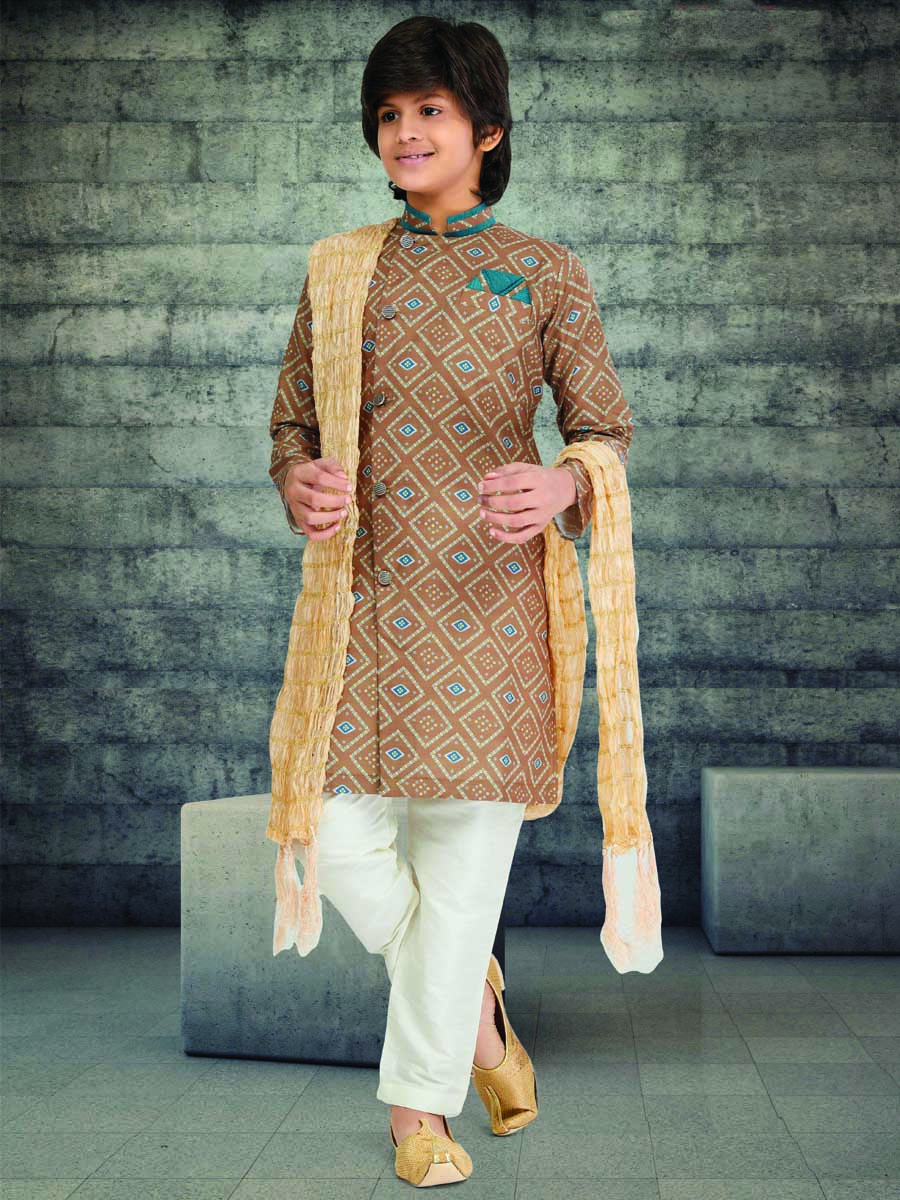 Light Brown Cotton Printed Wedding Traditional Kurta Pyjama Boys Wear