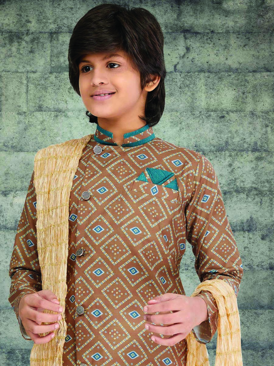 Light Brown Cotton Printed Wedding Traditional Kurta Pyjama Boys Wear