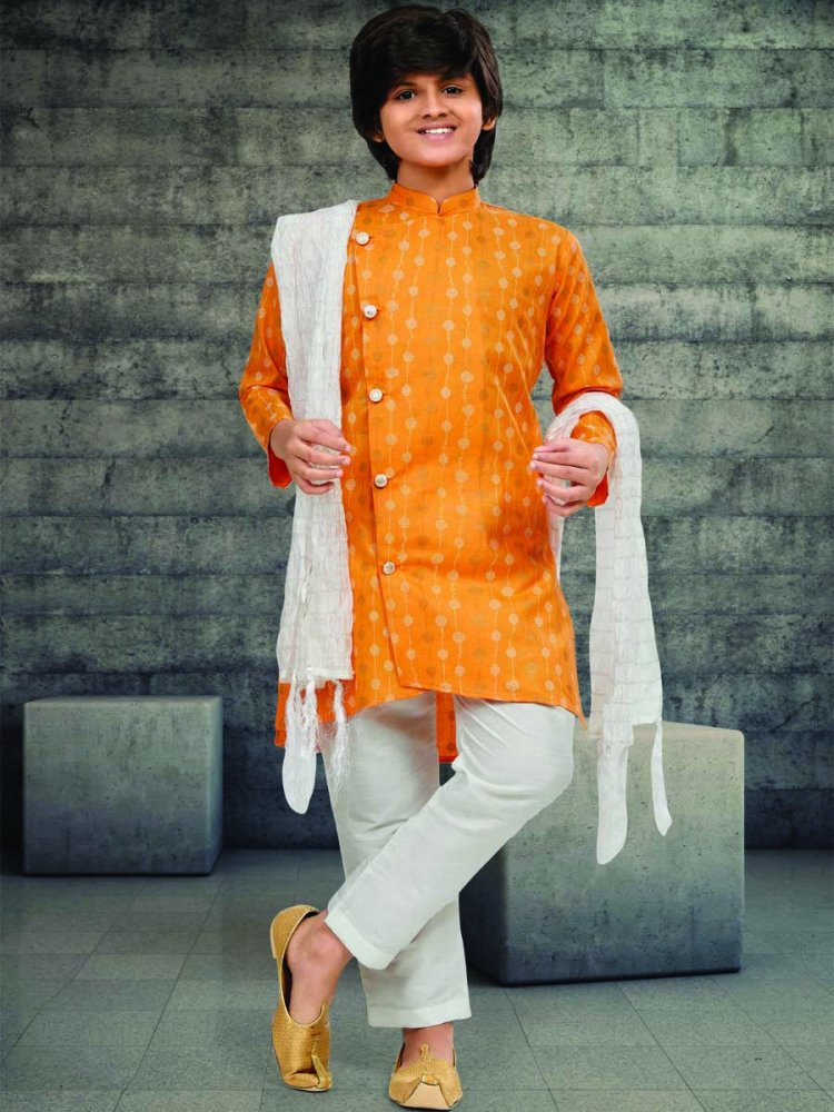 Orange Cotton Printed Wedding Traditional Kurta Pyjama Boys Wear