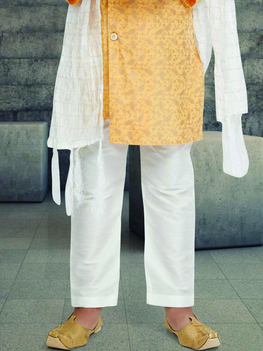Gold Cotton Printed Wedding Traditional Kurta Pyjama Boys Wear