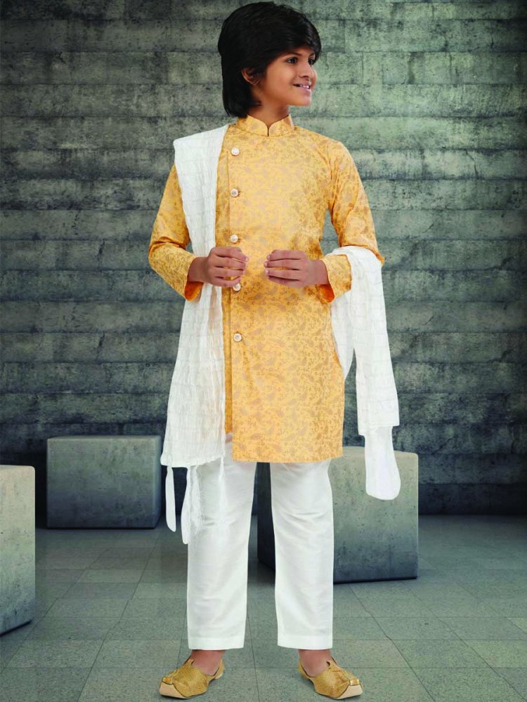 Gold Cotton Printed Wedding Traditional Kurta Pyjama Boys Wear