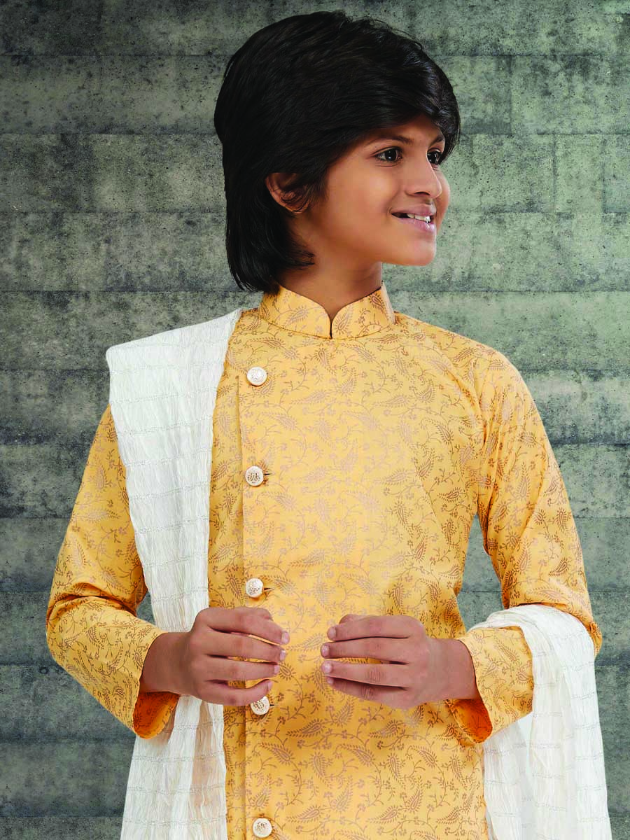 Gold Cotton Printed Wedding Traditional Kurta Pyjama Boys Wear