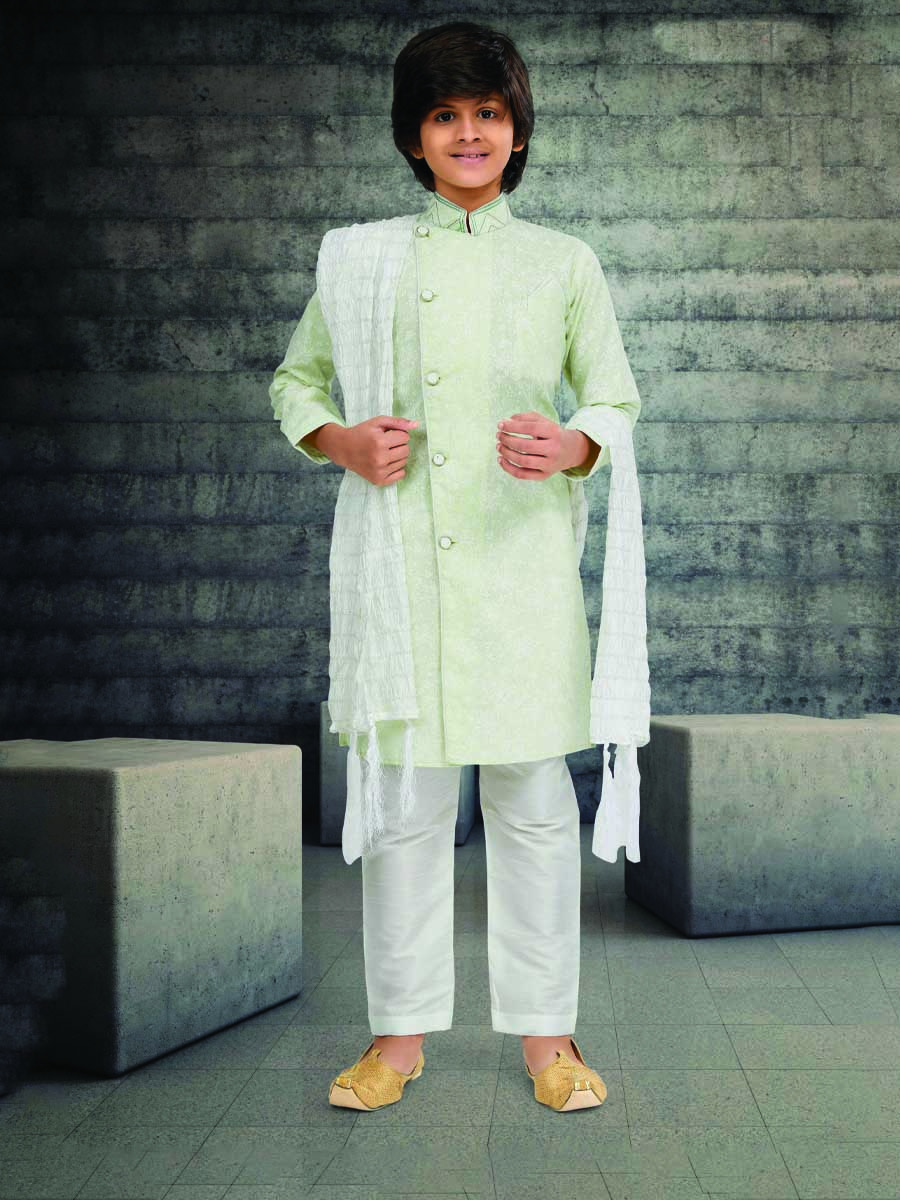 Light Pista Cotton Printed Wedding Traditional Kurta Pyjama Boys Wear
