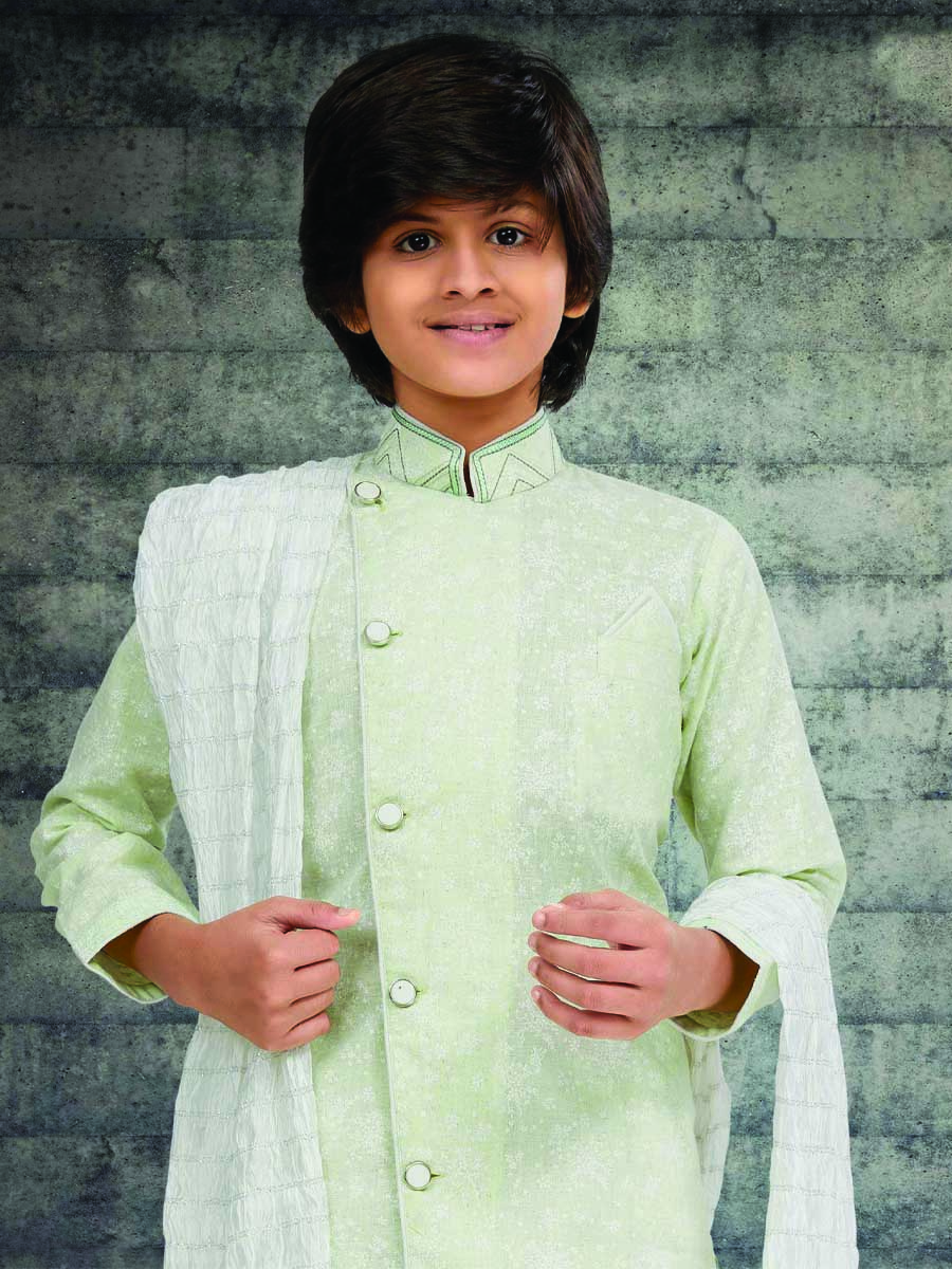 Light Pista Cotton Printed Wedding Traditional Kurta Pyjama Boys Wear