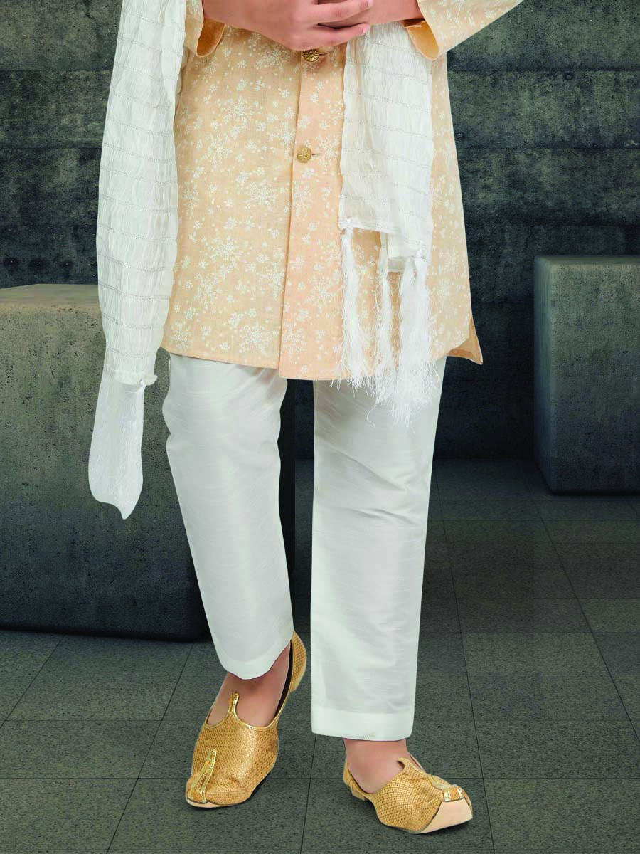 Peach Cotton Printed Wedding Traditional Kurta Pyjama Boys Wear