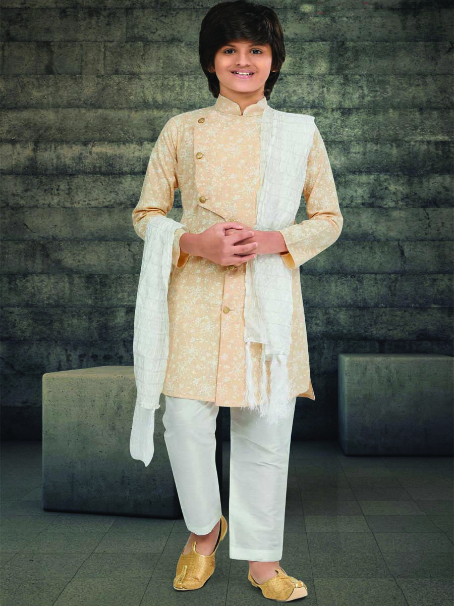 Peach Cotton Printed Wedding Traditional Kurta Pyjama Boys Wear