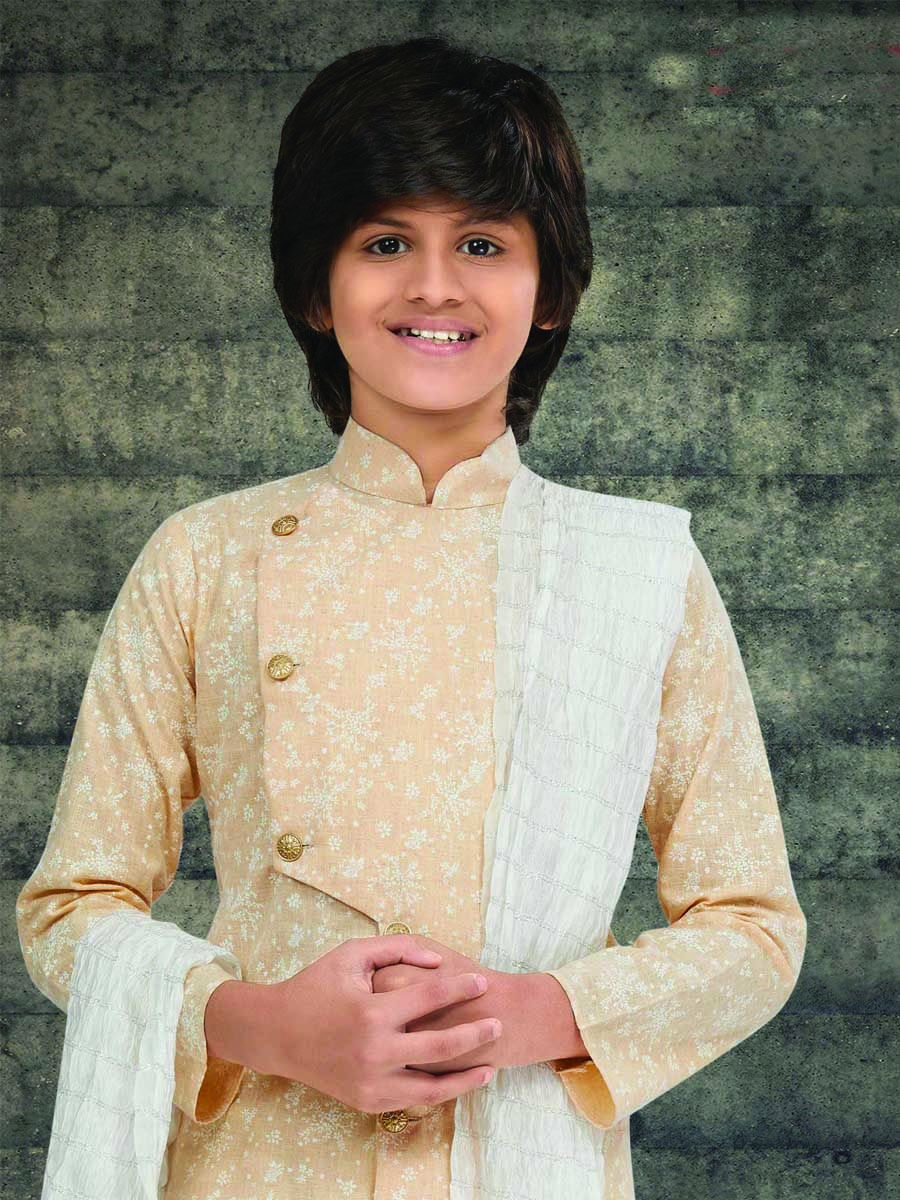 Peach Cotton Printed Wedding Traditional Kurta Pyjama Boys Wear