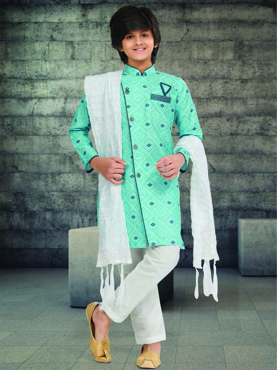 Ferozi Cotton Printed Wedding Traditional Kurta Pyjama Boys Wear