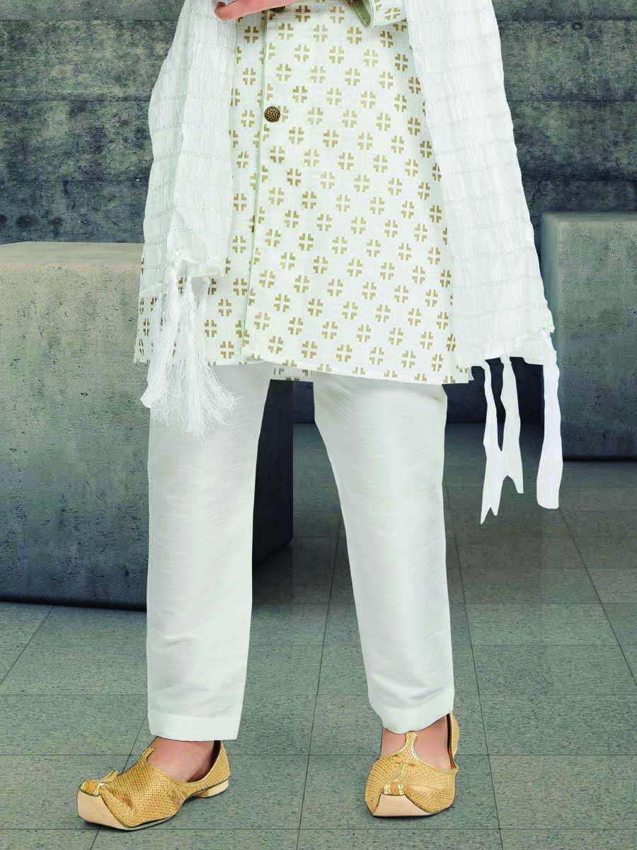 Off White Cotton Printed Wedding Traditional Kurta Pyjama Boys Wear