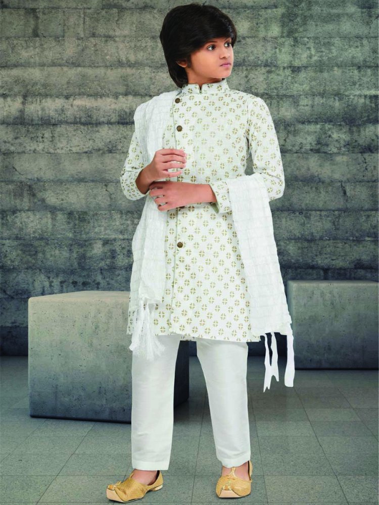 Off White Cotton Printed Wedding Traditional Kurta Pyjama Boys Wear