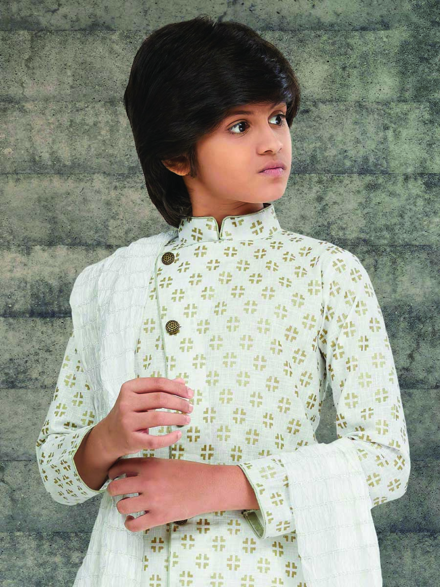Off White Cotton Printed Wedding Traditional Kurta Pyjama Boys Wear