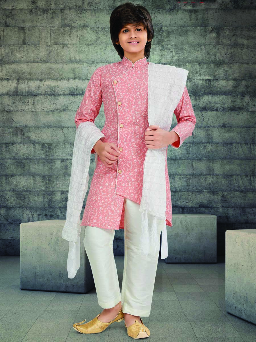 Pinkish Peach Cotton Printed Wedding Traditional Kurta Pyjama Boys Wear