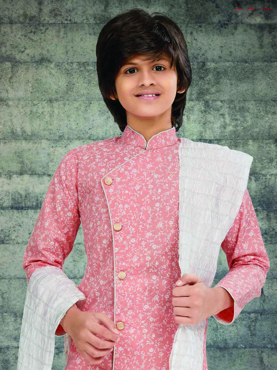 Pinkish Peach Cotton Printed Wedding Traditional Kurta Pyjama Boys Wear