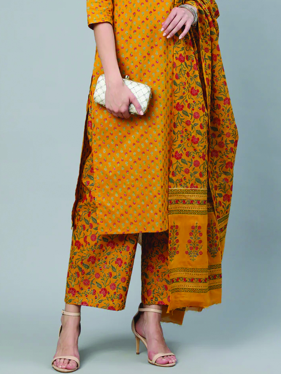 Mustard Pure Cotton Embroidered Festival Casual Ready Pant Salwar Kameez