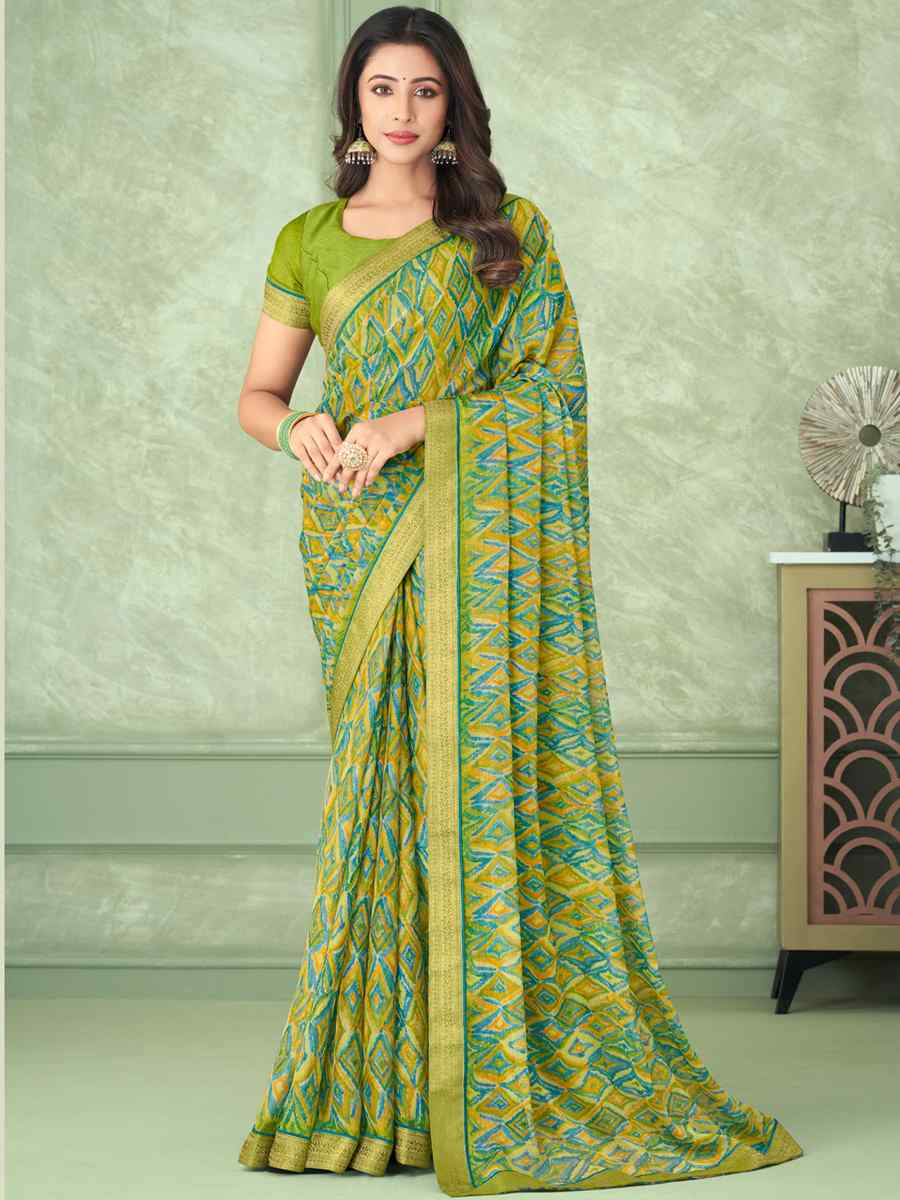 Light Green Chiffon Printed Casual Party Contemporary Saree