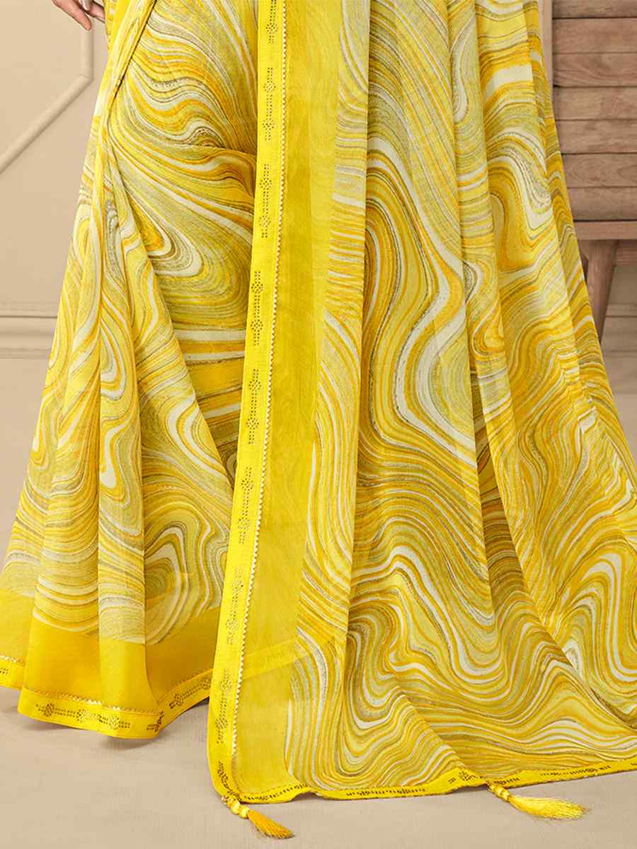 Yellow Chiffon Printed Casual Party Contemporary Saree