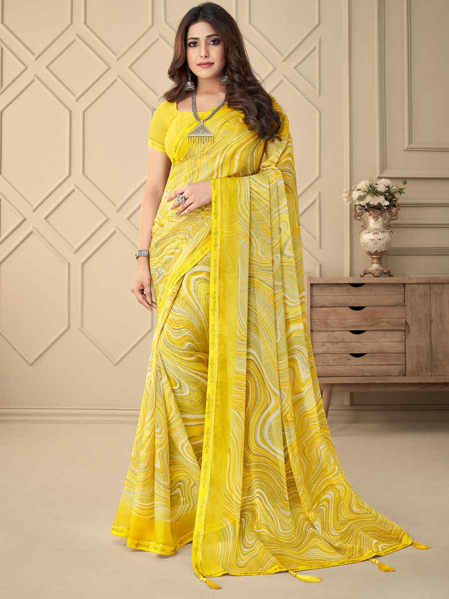 Yellow Chiffon Printed Casual Party Contemporary Saree