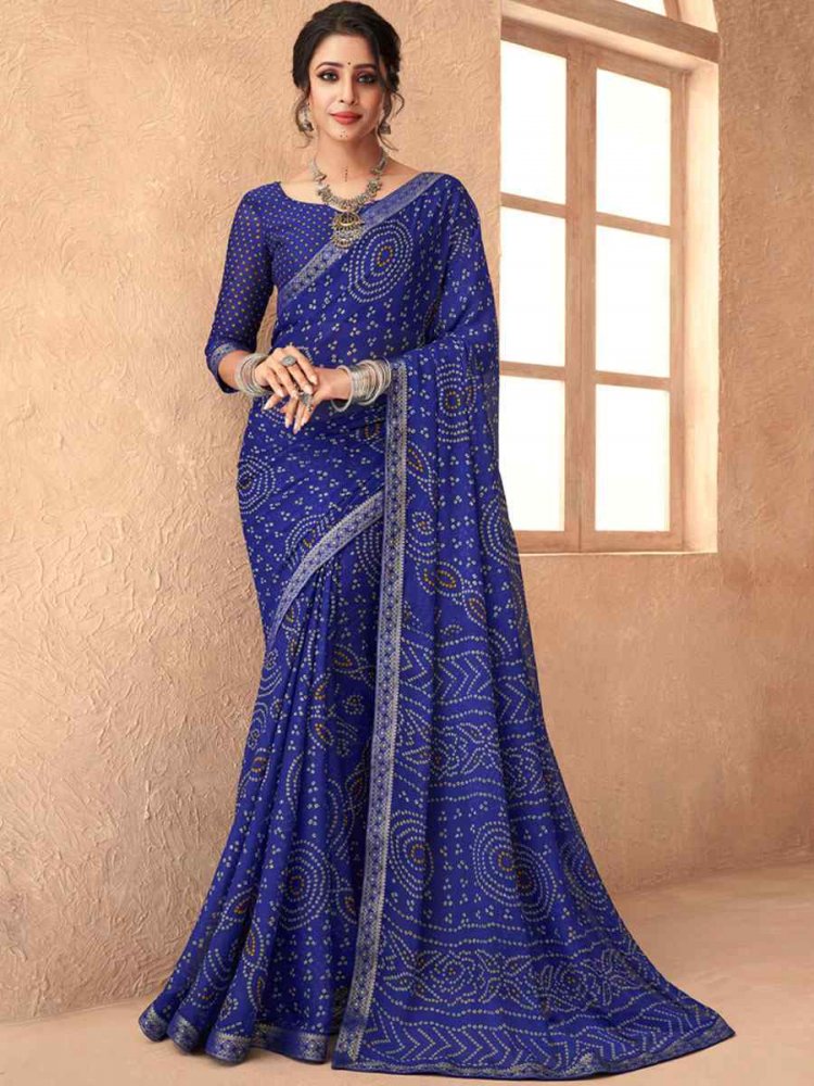 Royal Blue Chiffon Printed Casual Party Contemporary Saree