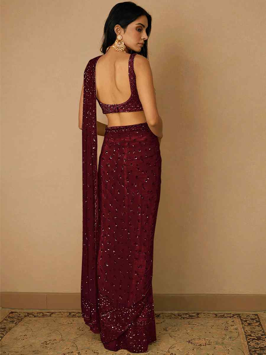 Maroon Butterfly Soft Net Sequins Party Festival Classic Style Saree
