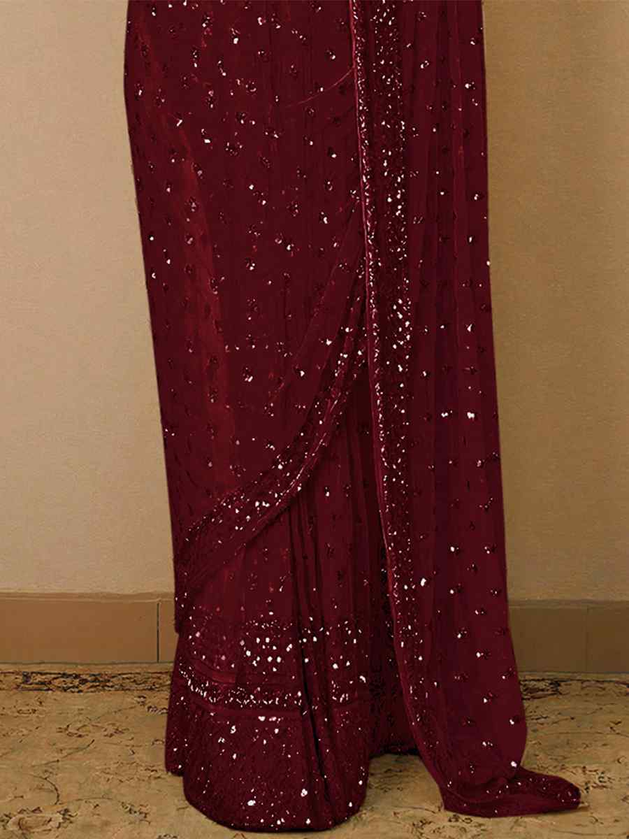 Maroon Butterfly Soft Net Sequins Party Festival Classic Style Saree