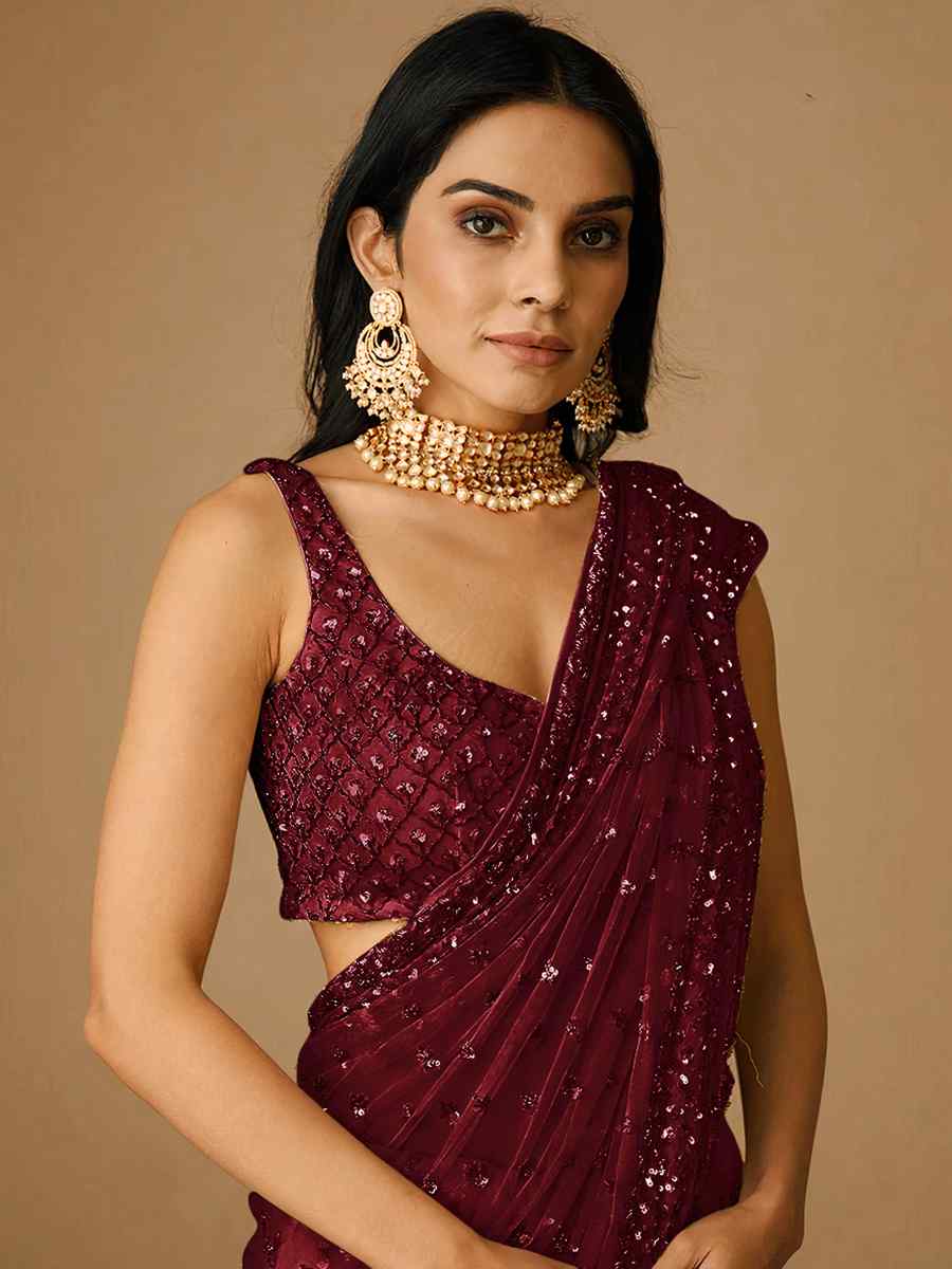 Maroon Butterfly Soft Net Sequins Party Festival Classic Style Saree