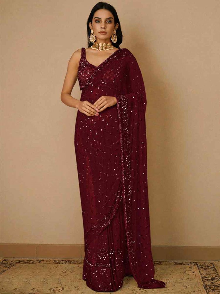 Maroon Butterfly Soft Net Sequins Party Festival Classic Style Saree