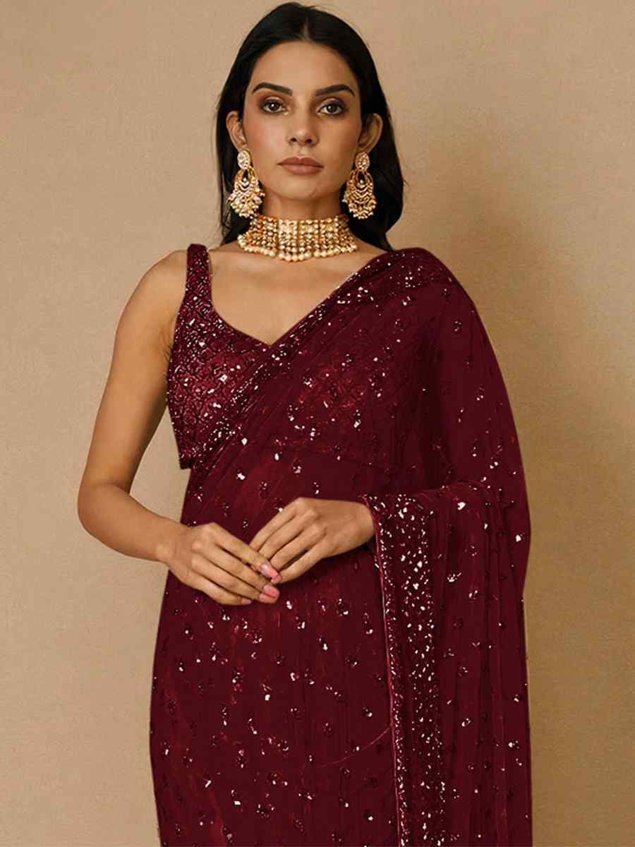 Maroon Butterfly Soft Net Sequins Party Festival Classic Style Saree