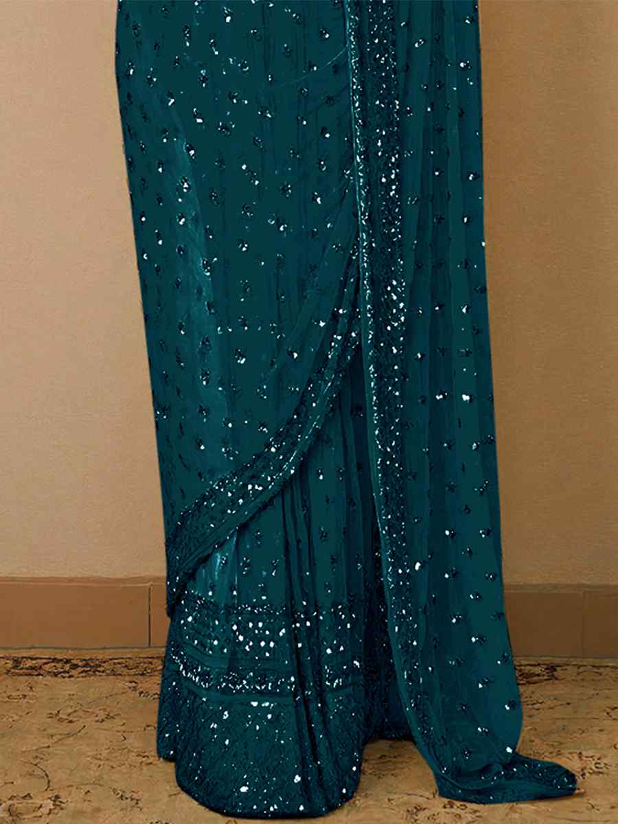 Teal Butterfly Soft Net Sequins Party Festival Classic Style Saree