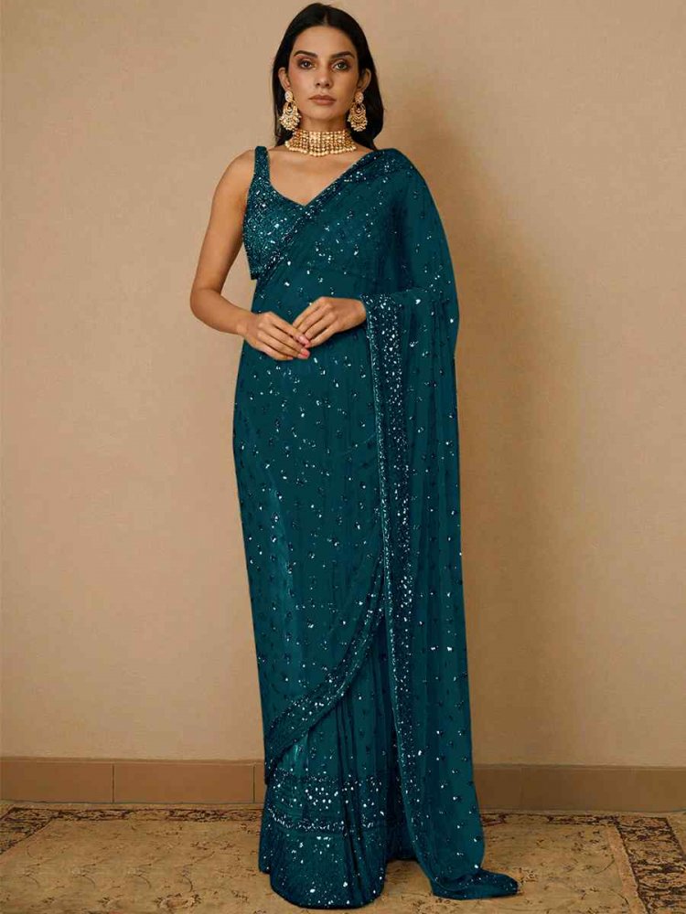 Teal Butterfly Soft Net Sequins Party Festival Classic Style Saree