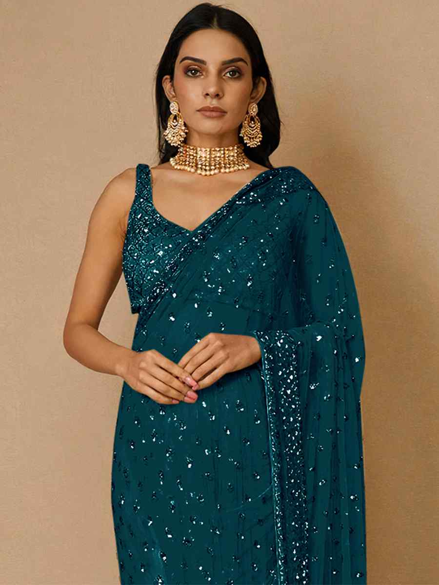 Teal Butterfly Soft Net Sequins Party Festival Classic Style Saree