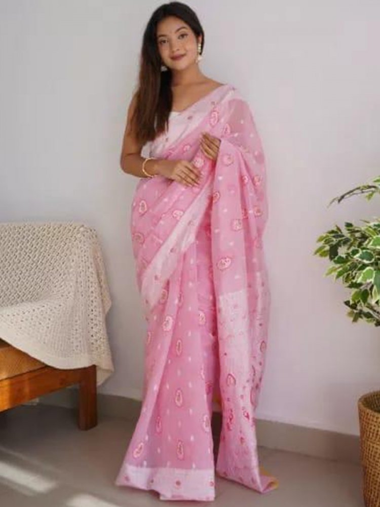 Light Pink Cotton Printed Casual Festival Contemporary Saree