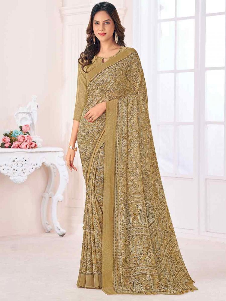 Light Brown Georgette Printed Casual Festival Contemporary Saree