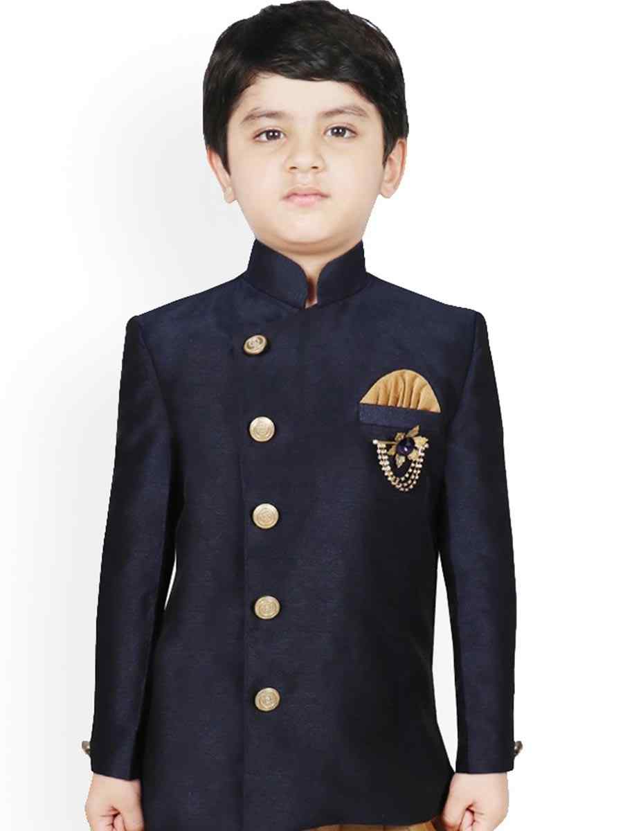 Navy Blue Dupion Silk Brocade Festival Traditional Kurta Dhoti Boys Wear