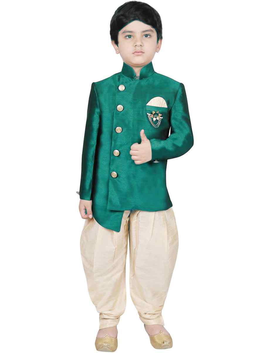 Rama Green Dupion Silk Brocade Festival Traditional Kurta Dhoti Boys Wear