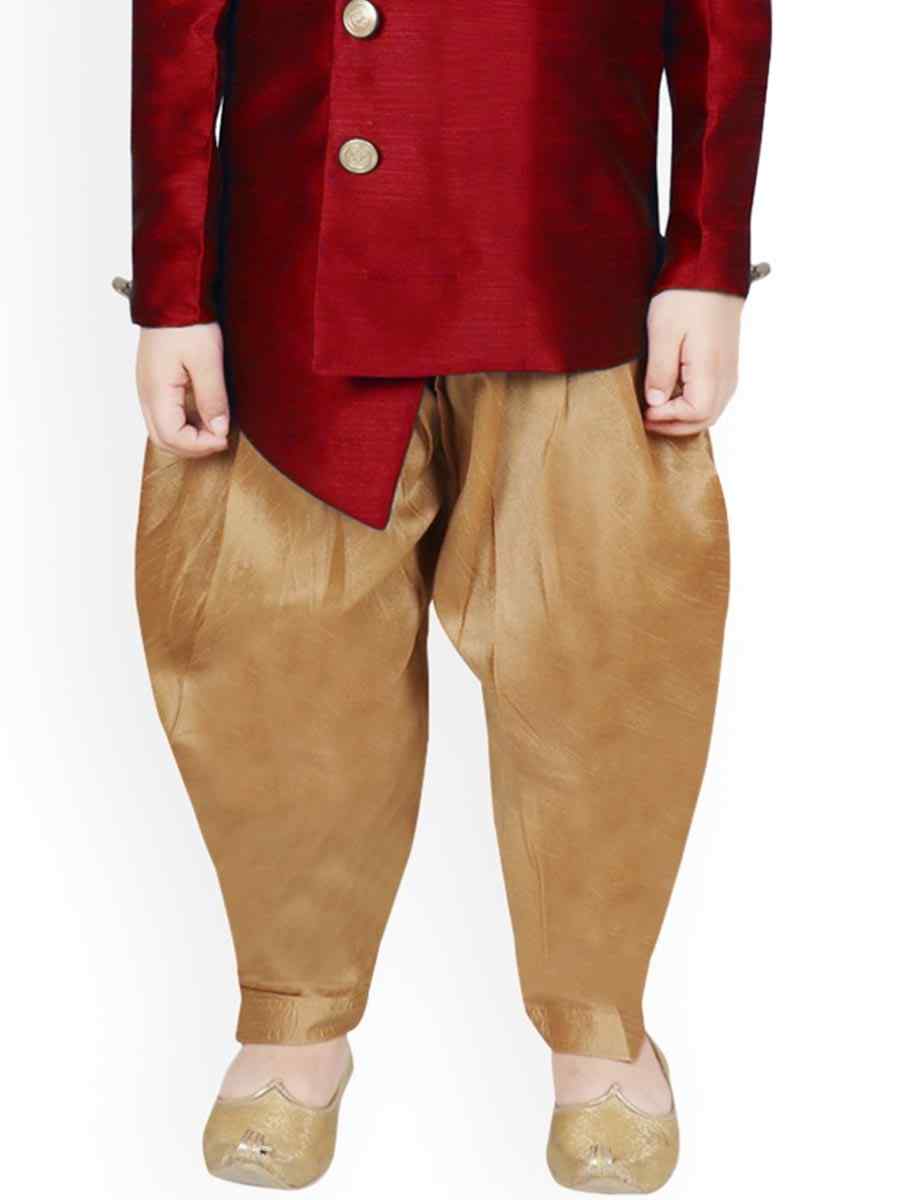 Maroon Dupion Silk Brocade Festival Traditional Kurta Dhoti Boys Wear
