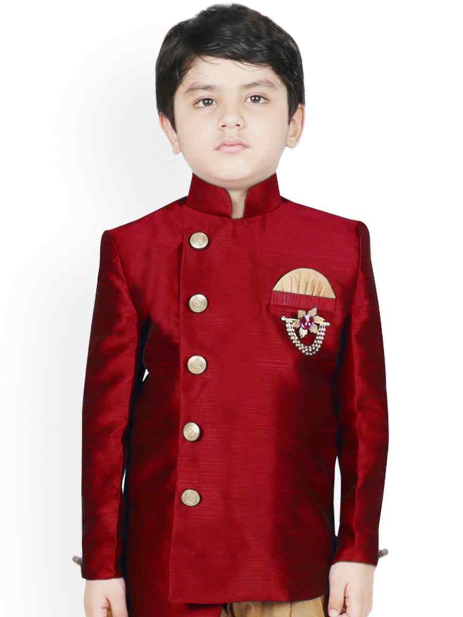 Maroon Dupion Silk Brocade Festival Traditional Kurta Dhoti Boys Wear