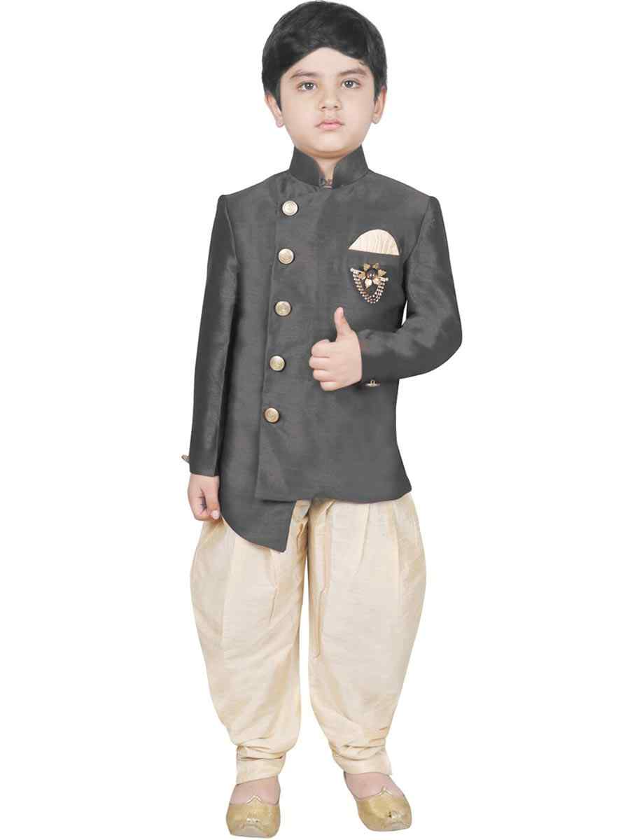 Gray Dupion Silk Brocade Festival Traditional Kurta Dhoti Boys Wear