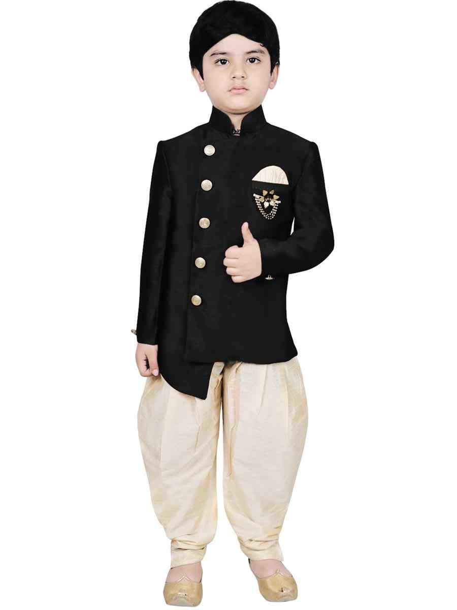 Black Dupion Silk Brocade Festival Traditional Kurta Dhoti Boys Wear