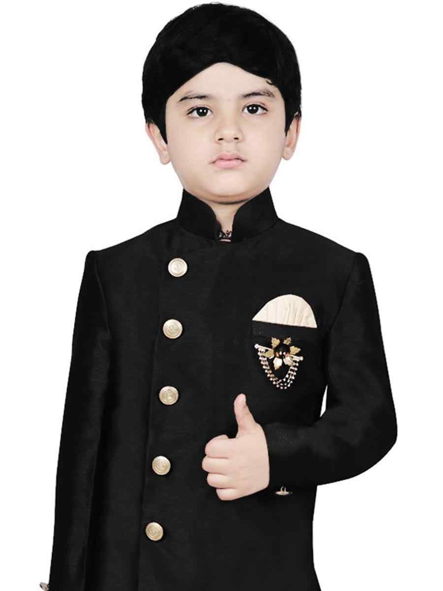 Black Dupion Silk Brocade Festival Traditional Kurta Dhoti Boys Wear