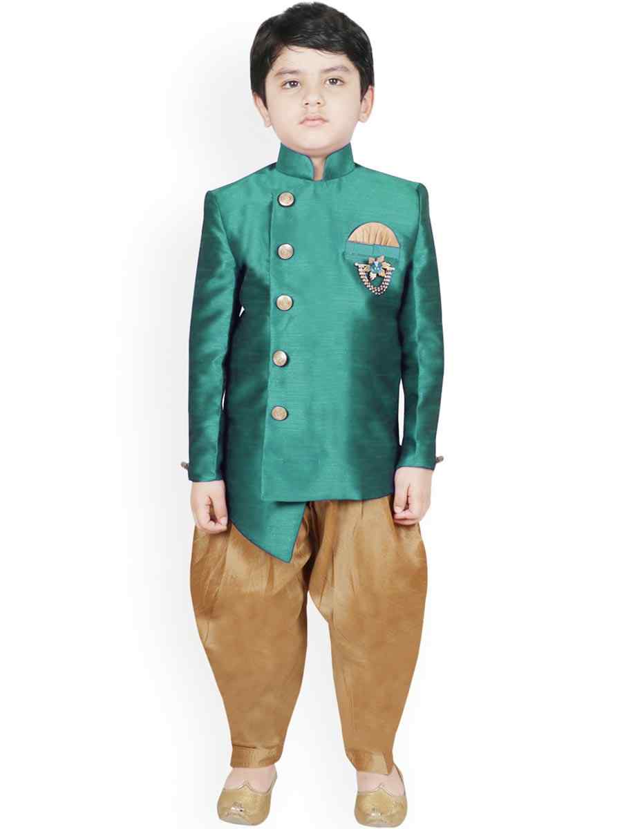 Rama Green Dupion Silk Brocade Festival Traditional Kurta Dhoti Boys Wear