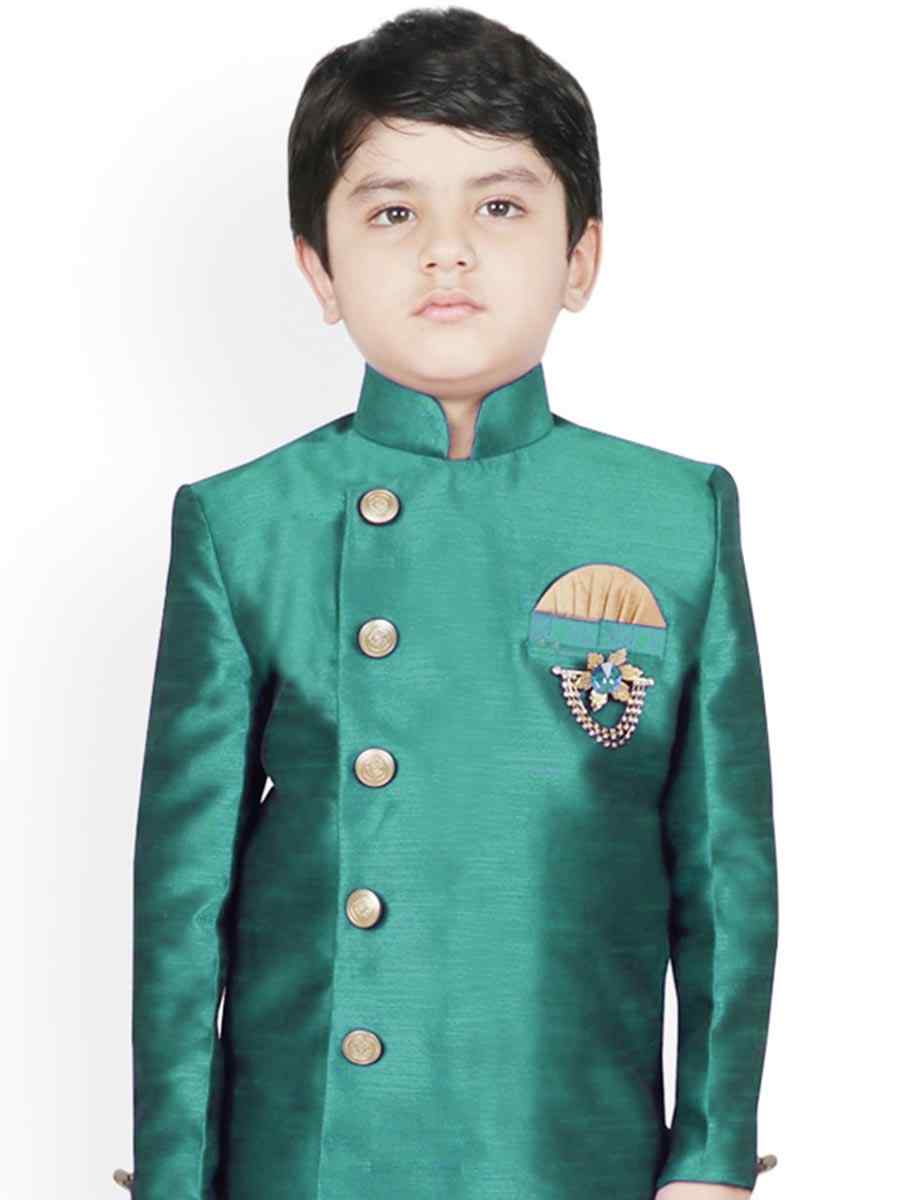 Rama Green Dupion Silk Brocade Festival Traditional Kurta Dhoti Boys Wear